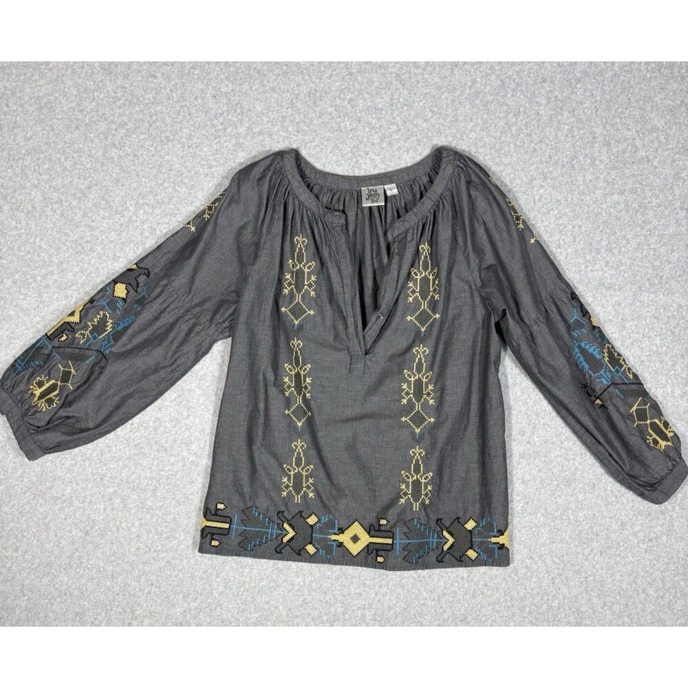 Ivy Jane Womens Gray Aztec Embroidered Yellow Teal Relaxed Blouse Top Size Large